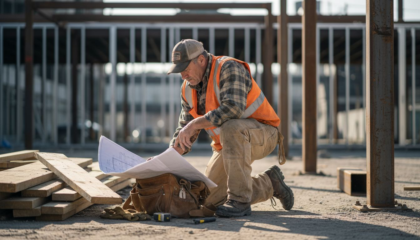 Worker wearing sturdy construction pants at jobsite