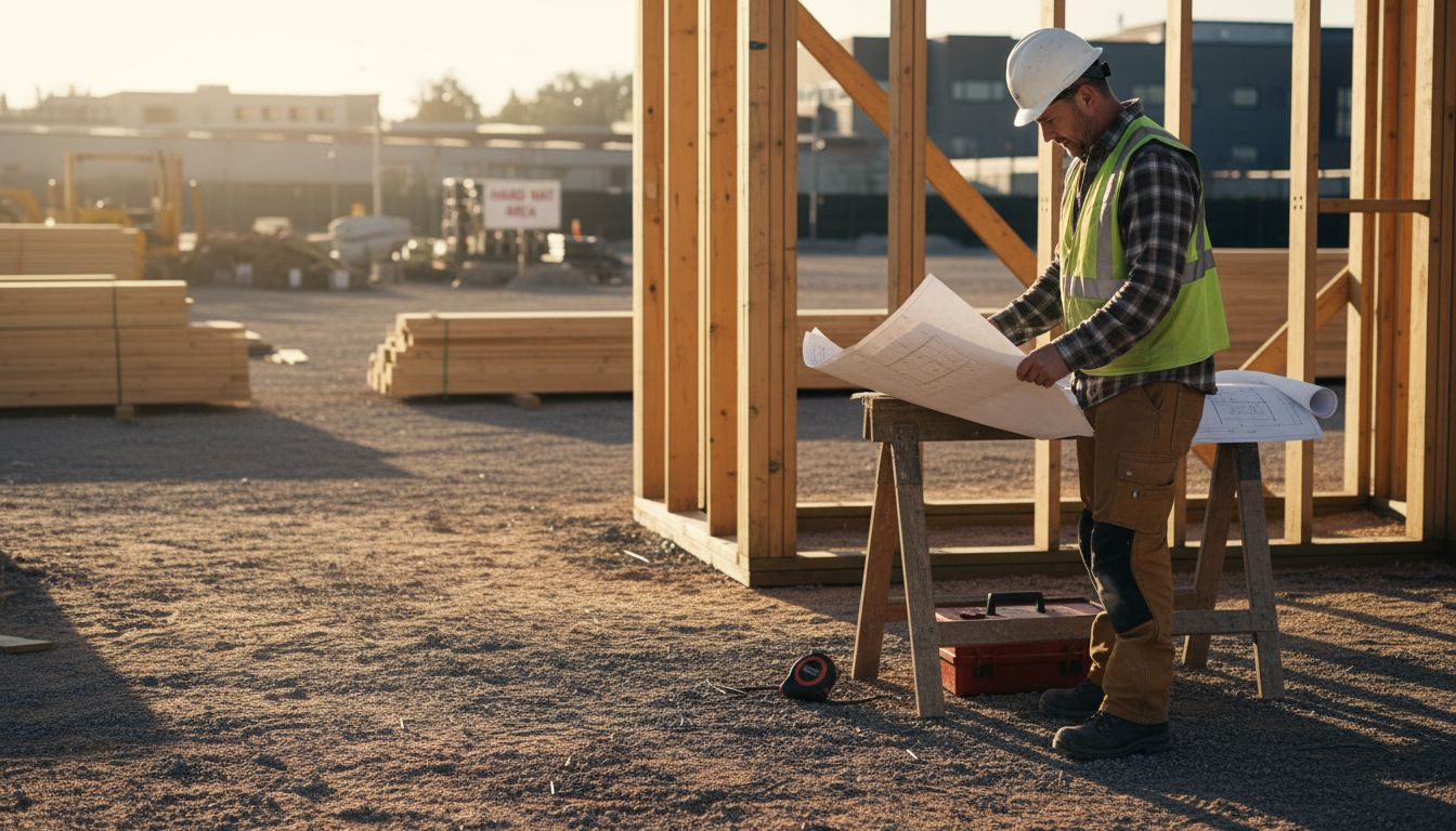 Carpenter in work pants at construction site