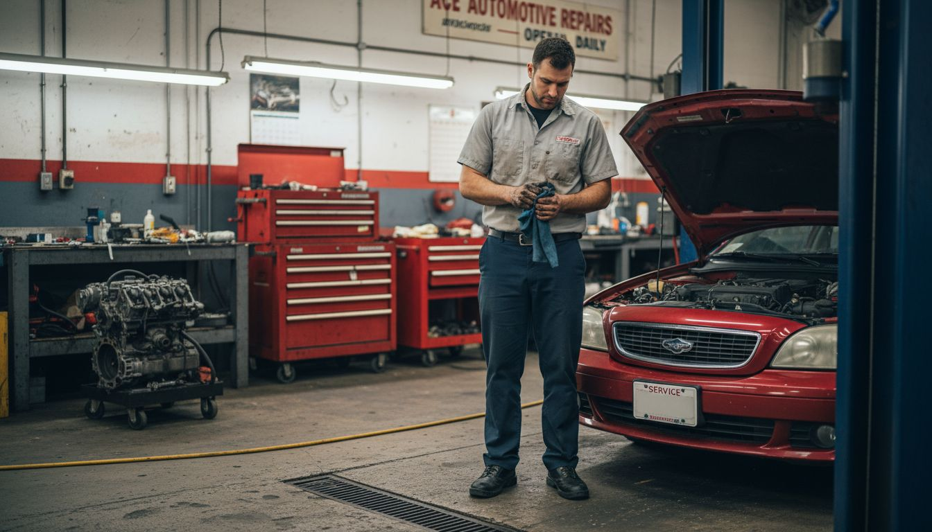 Mechanic wearing durable work shirt in garage