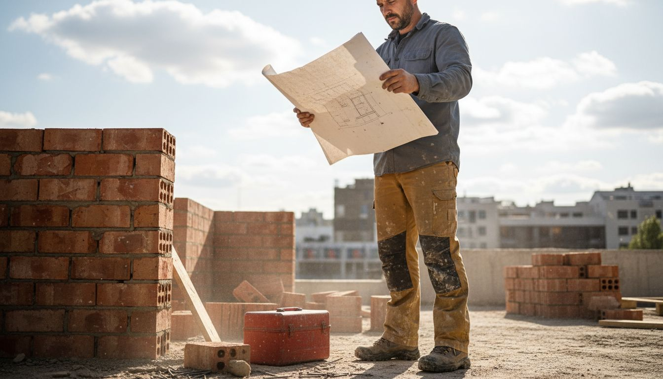 Construction worker inspecting blueprint in durable pants