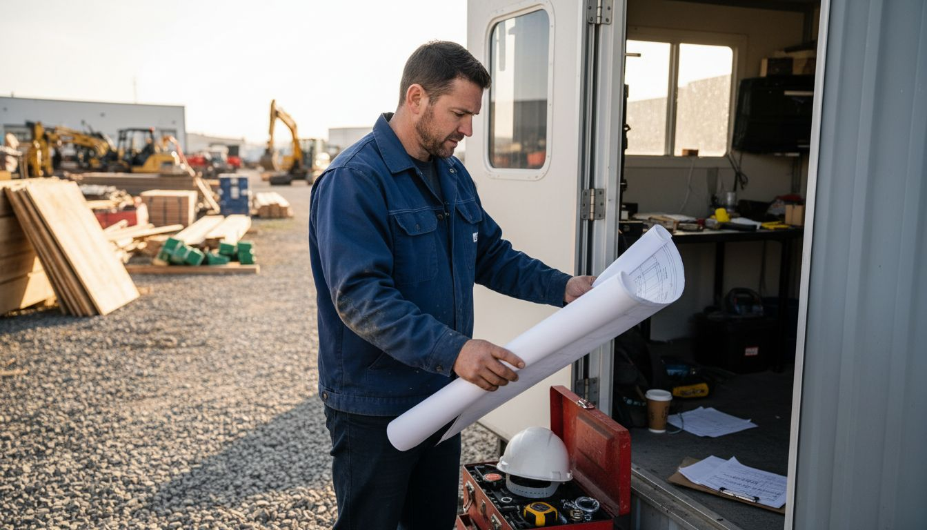 Worker with blue jacket reviews jobsite plans