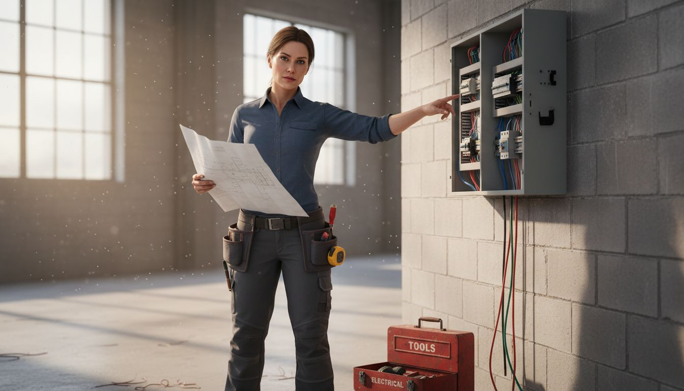 Tradeswoman in workshop wearing work trousers