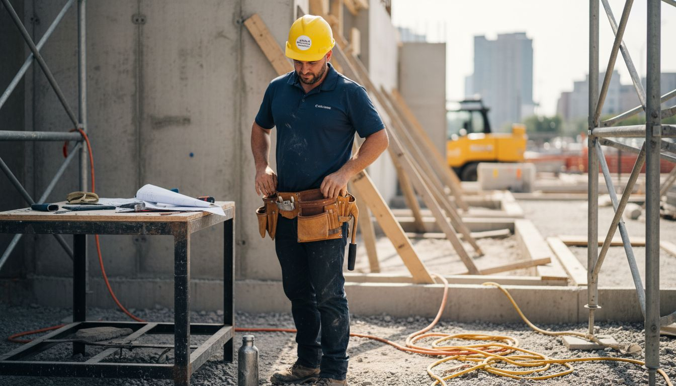 Tradesman fastening tool belt in polo shirt