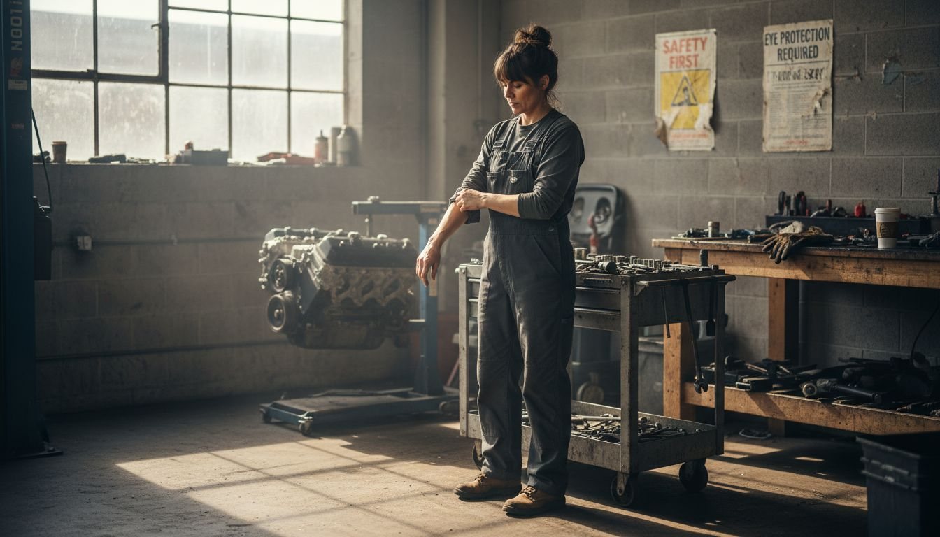 Woman mechanic adjusting overalls in garage