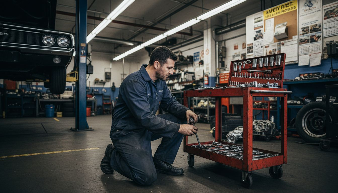 Mechanic kneeling in oil-stained overalls, busy shop