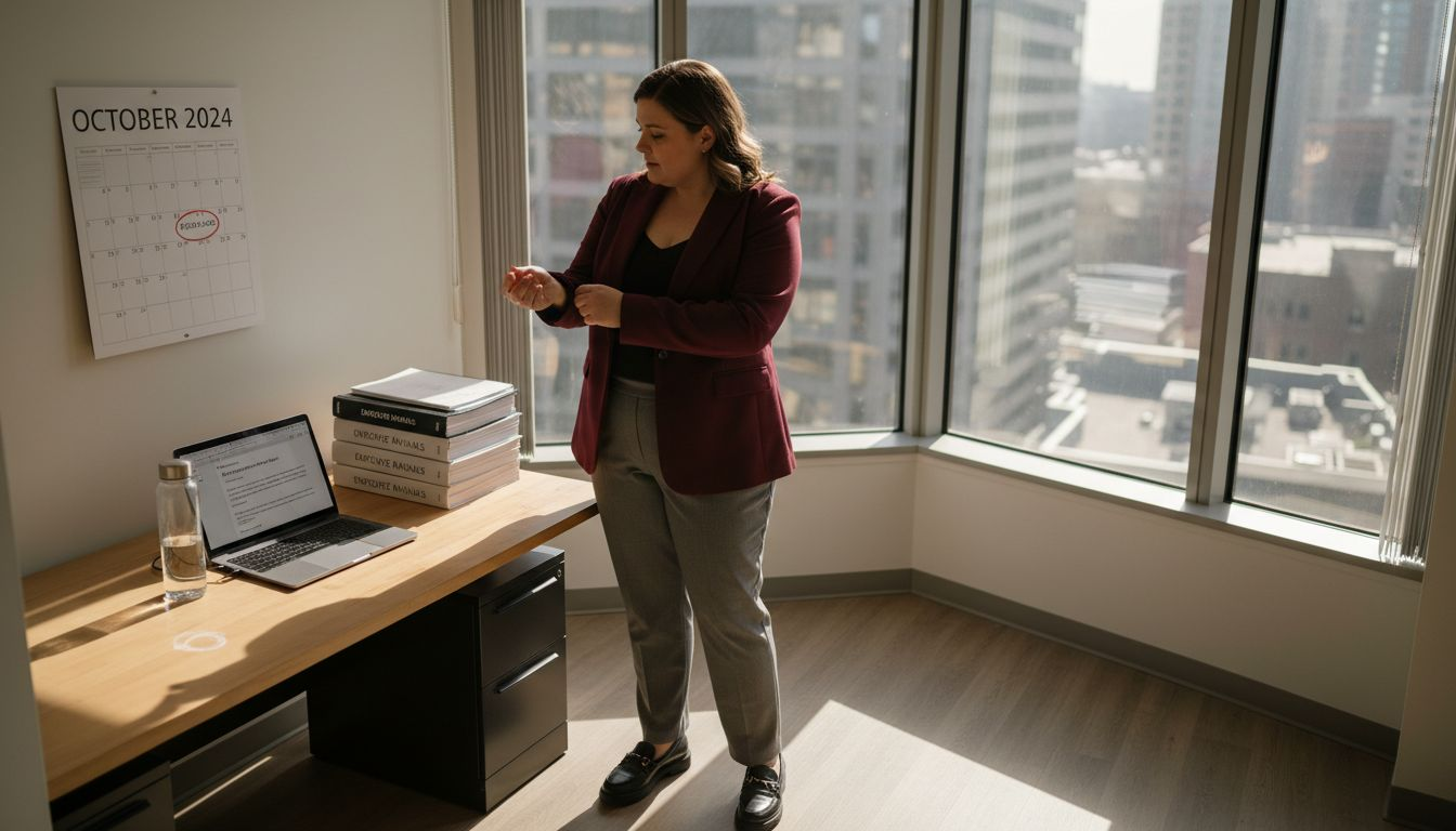 Plus-size professional adjusting blazer in office
