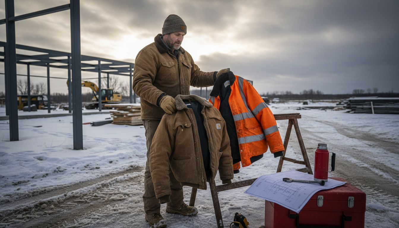 Worker comparing winter jackets on jobsite