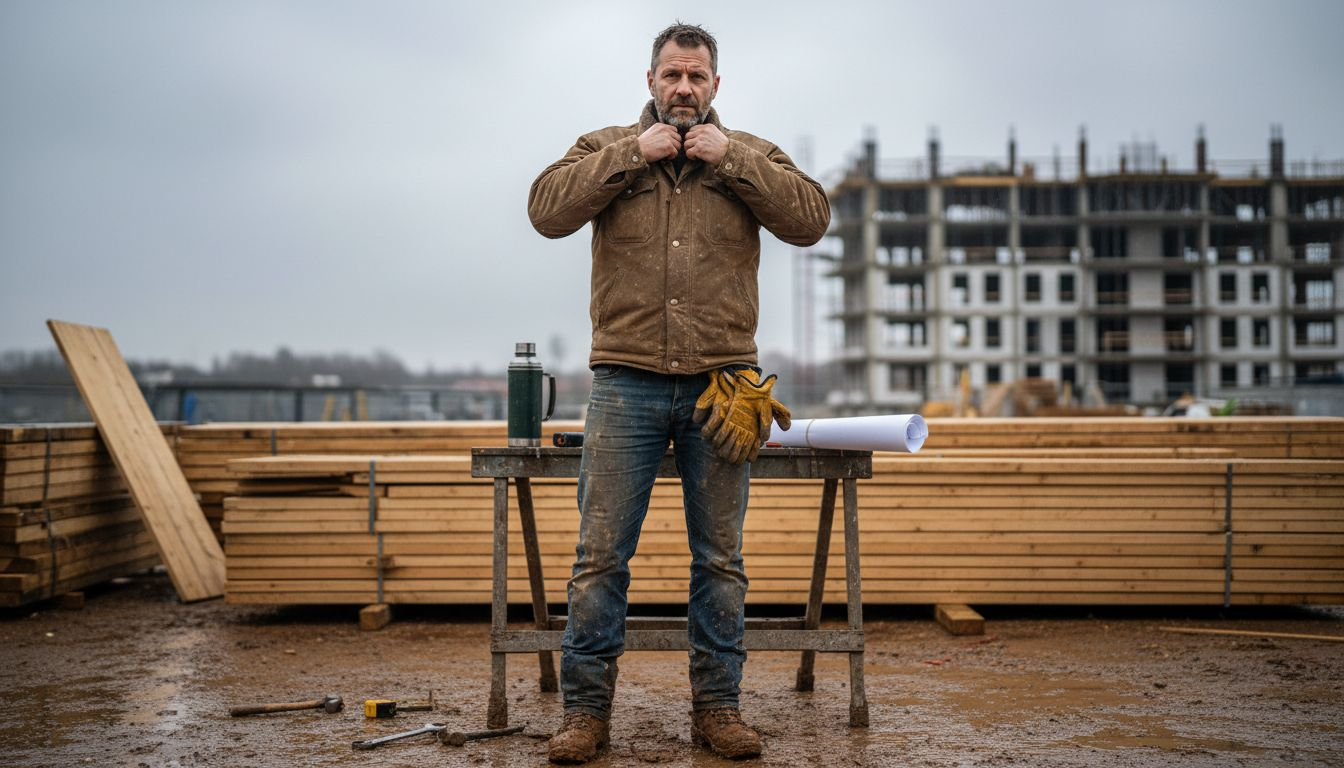 Worker adjusting collar of work jacket outdoors