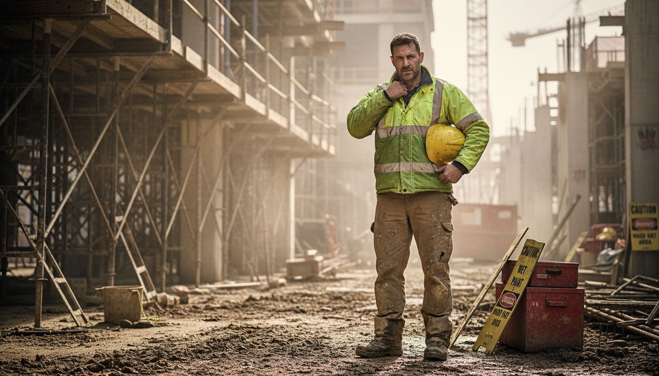 Worker adjusting safety jacket at construction site