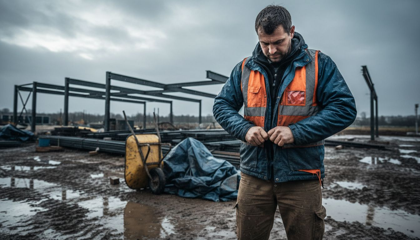 Construction worker in waterproof jacket at muddy site