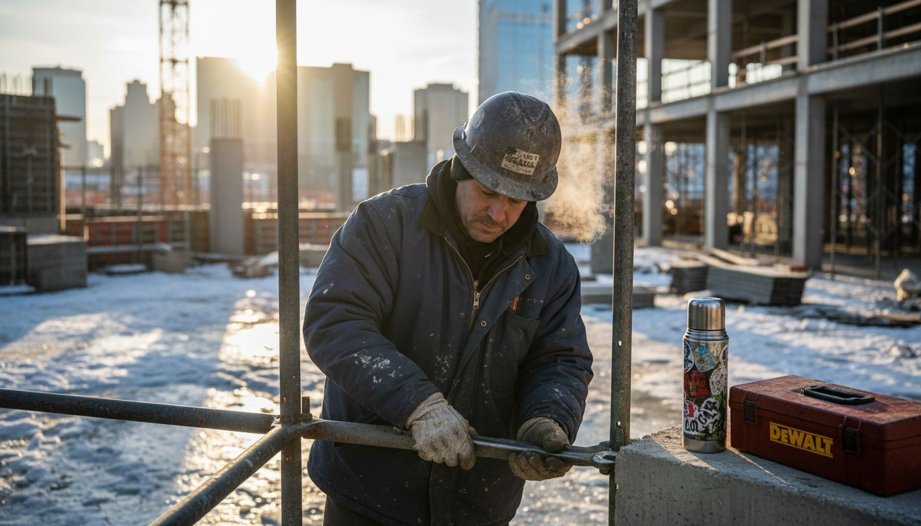 Man in winter work jacket at construction site