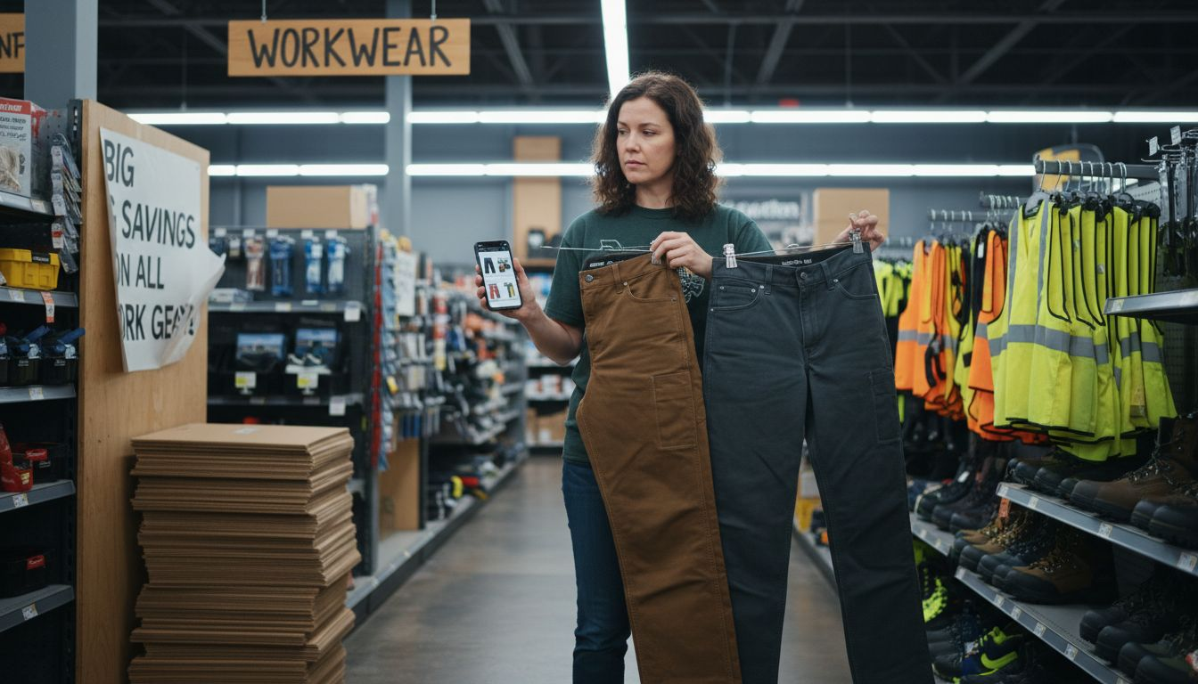 Woman choosing construction workwear in store