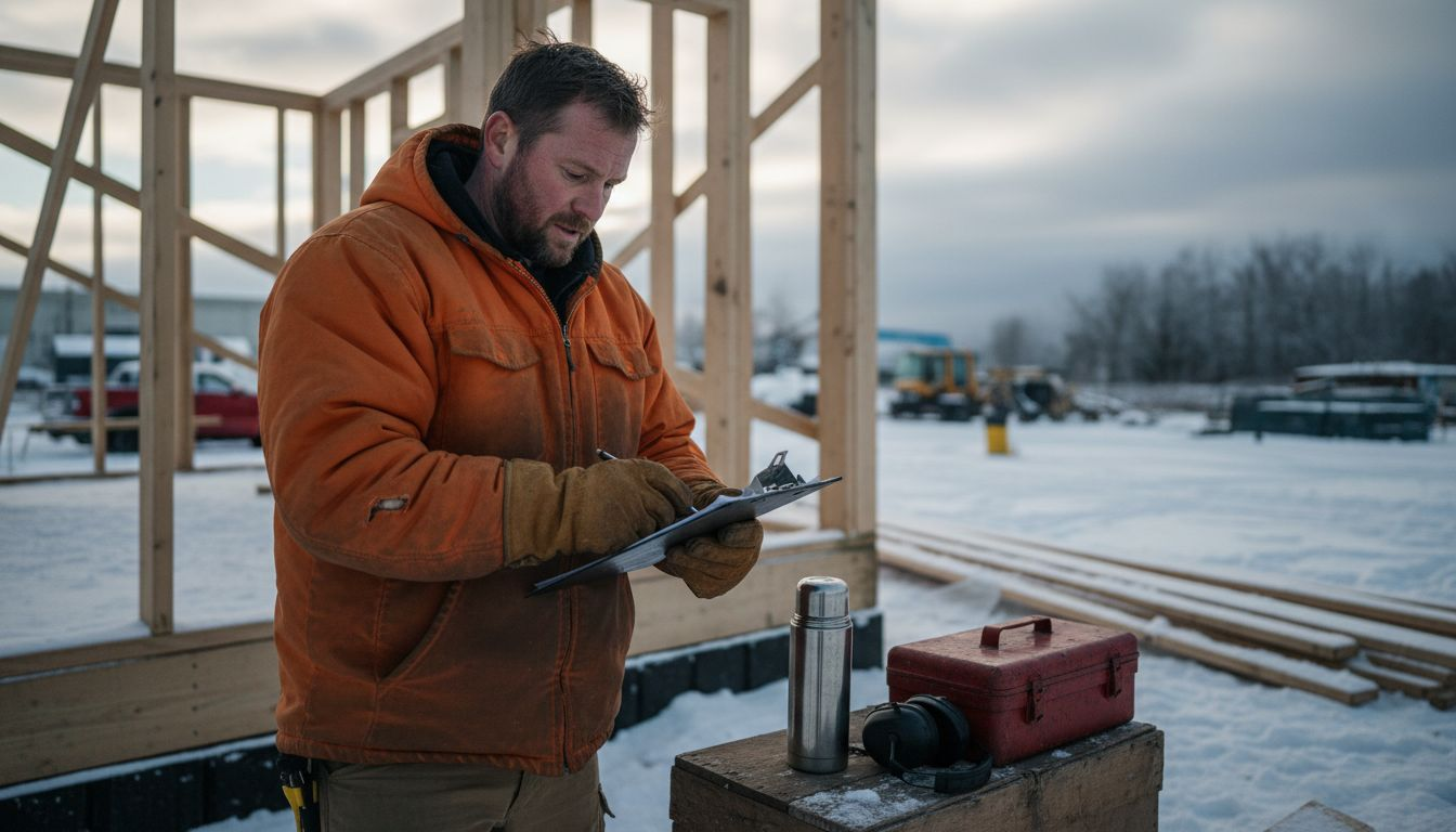 Construction worker in insulated cold-weather clothing
