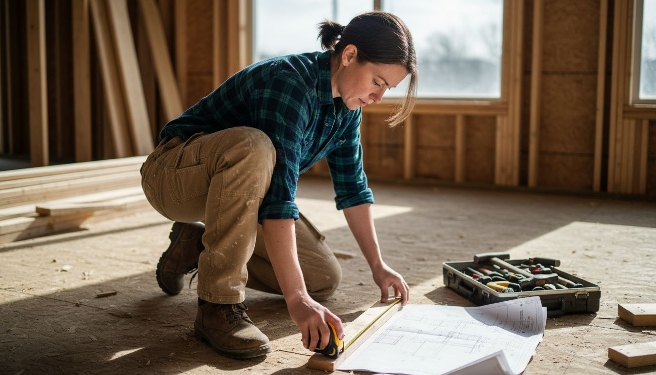 Carpenter kneeling in durable work pants