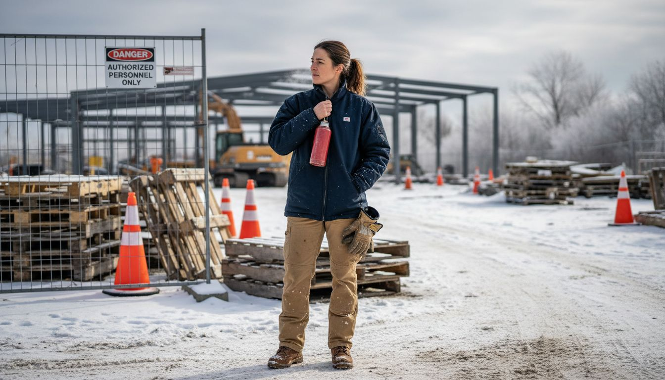 Woman zipping insulated coat at winter work site