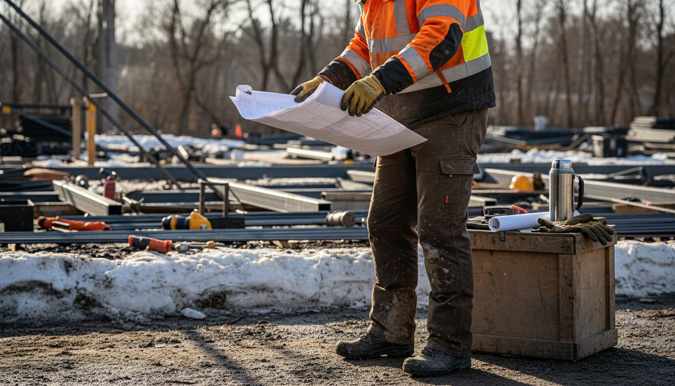 Construction worker wearing insulated work pants onsite