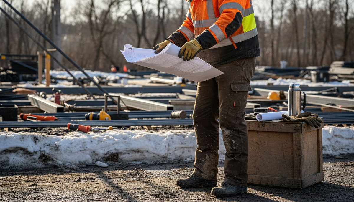 Construction worker wearing insulated work pants onsite