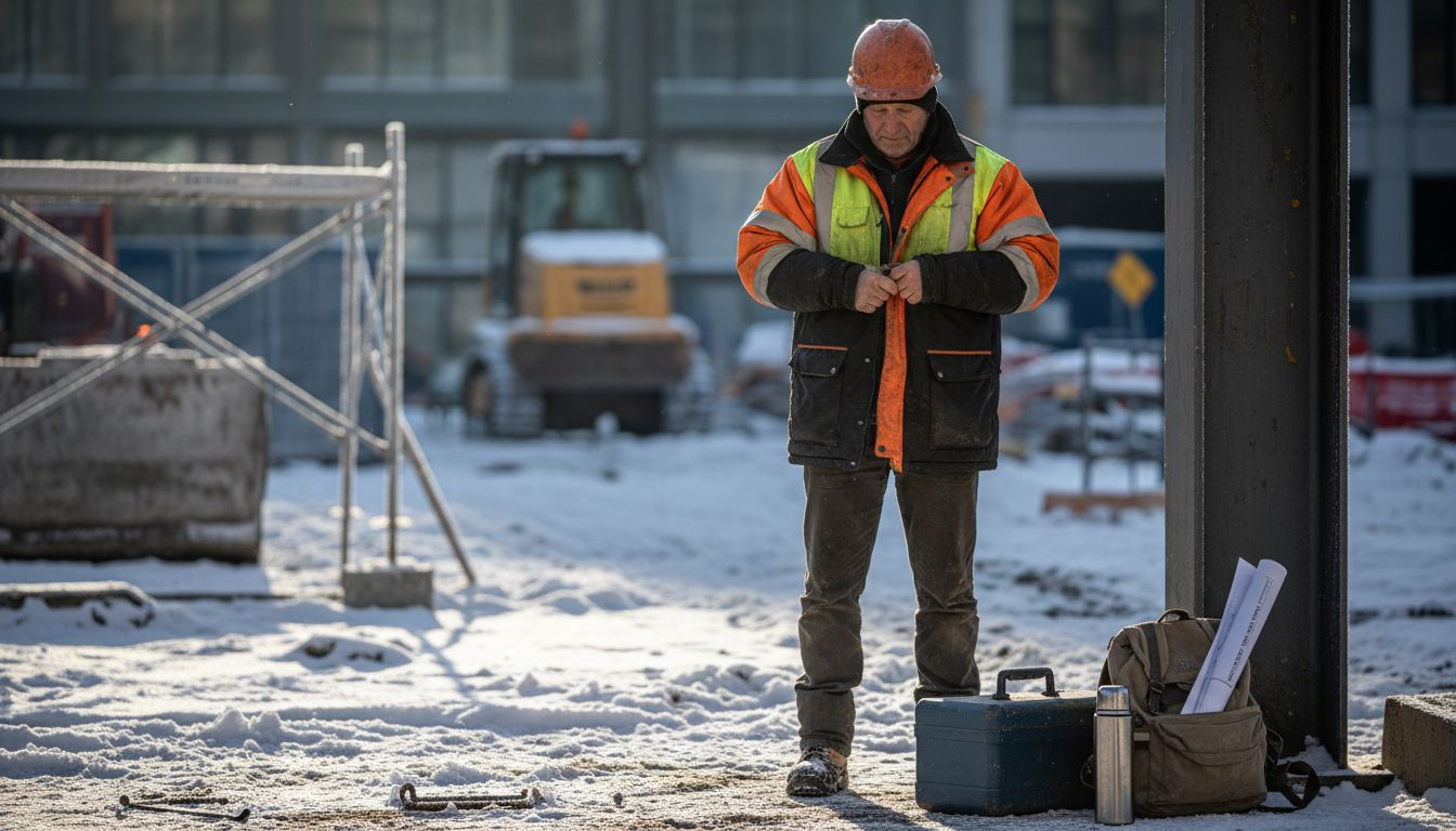 Outdoor worker fastening insulated jacket snowy site