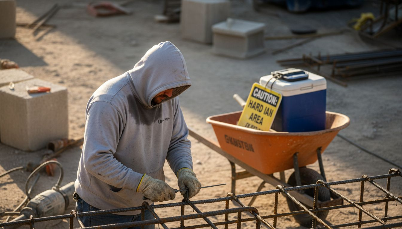 Construction worker wearing UPF sun hoodie