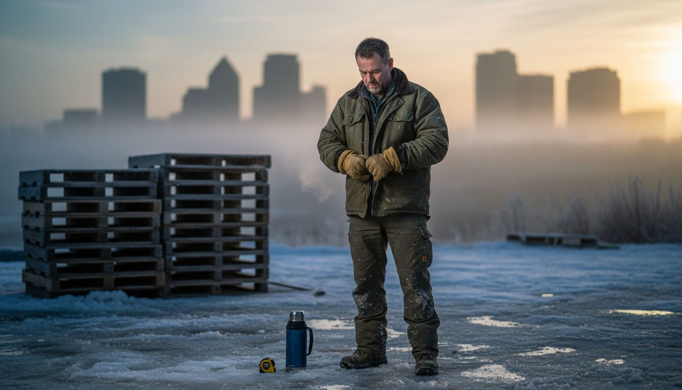 Worker in insulated jacket at snowy job site