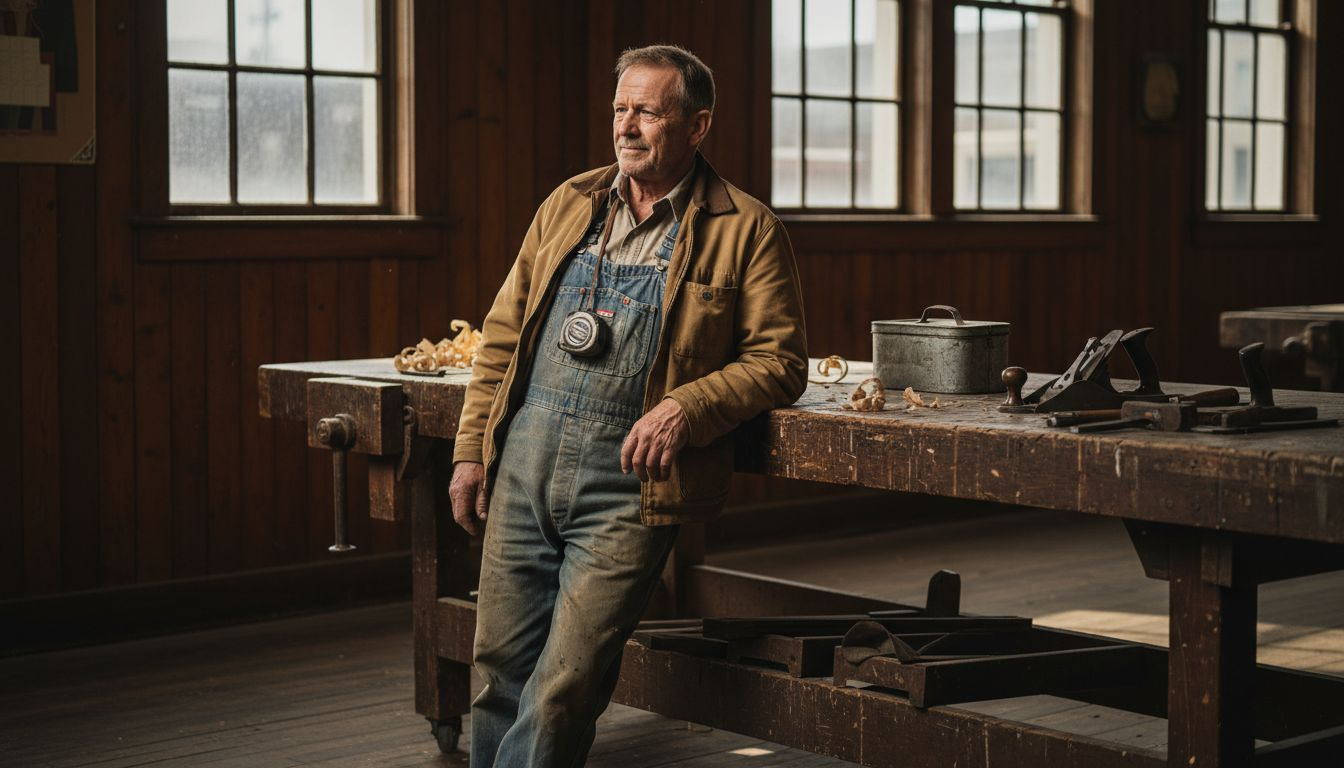 Carpenter in vintage workwear in old factory