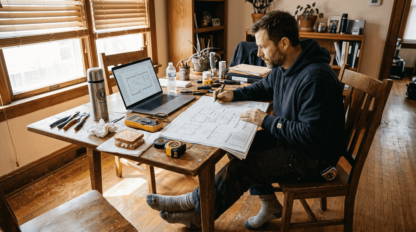 Blue-collar worker reviewing blueprints at home