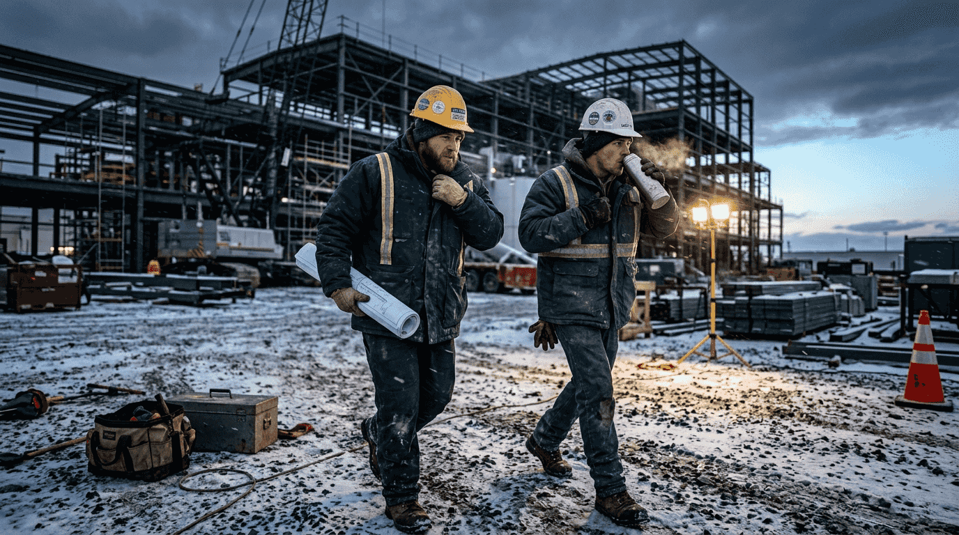 Construction workers in insulated clothing at snowy worksite