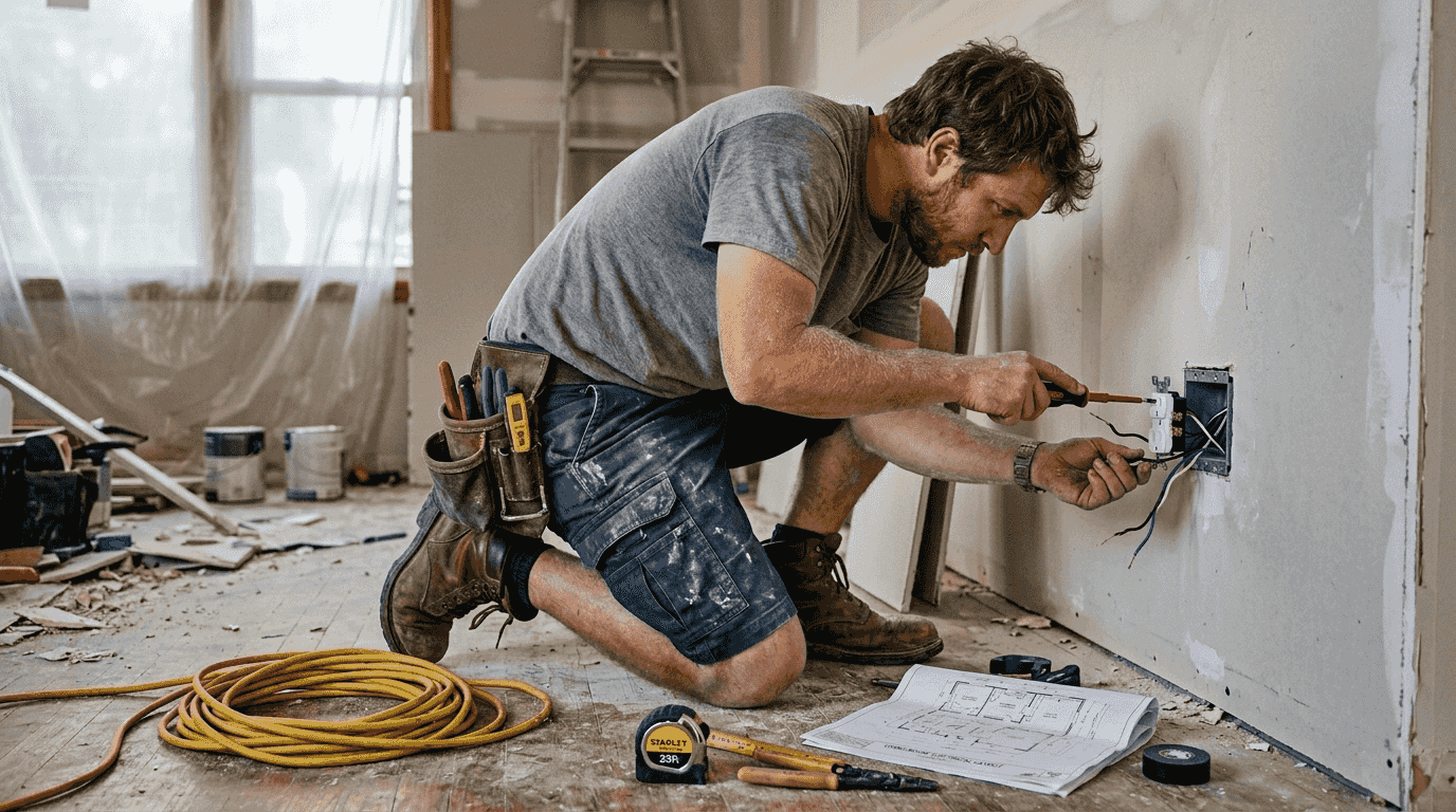 Electrician kneeling, specialized work shorts visible