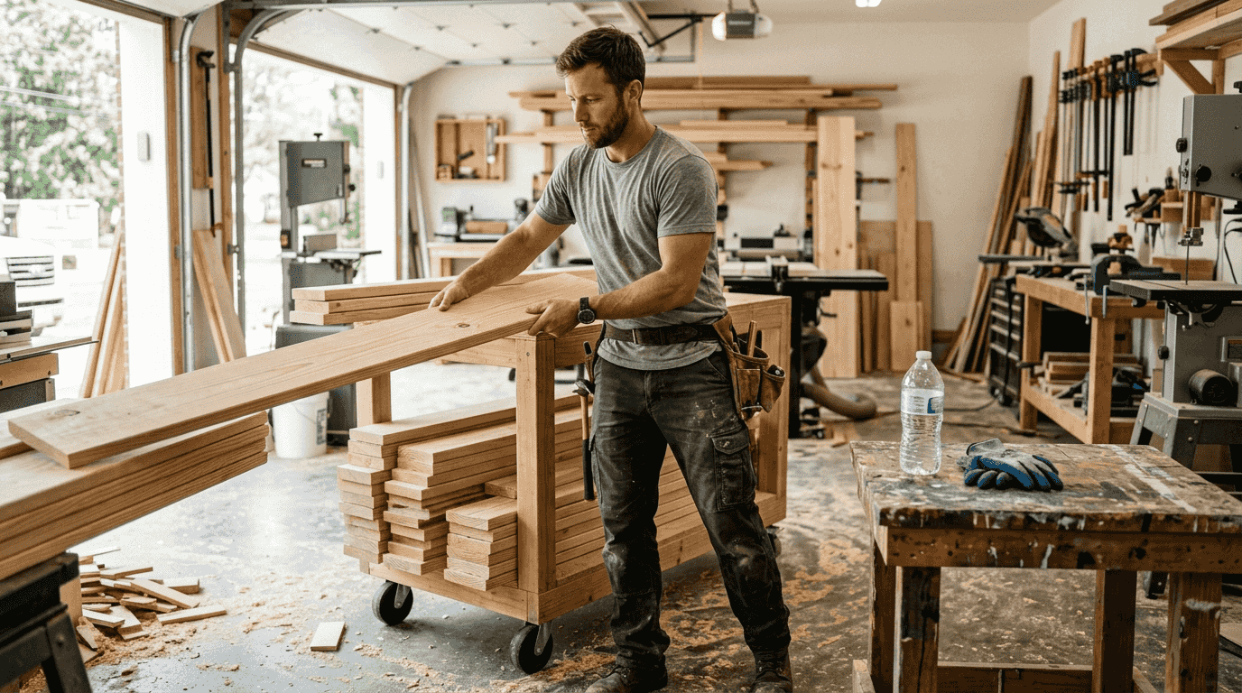 Worker in breathable trousers in woodworking shop