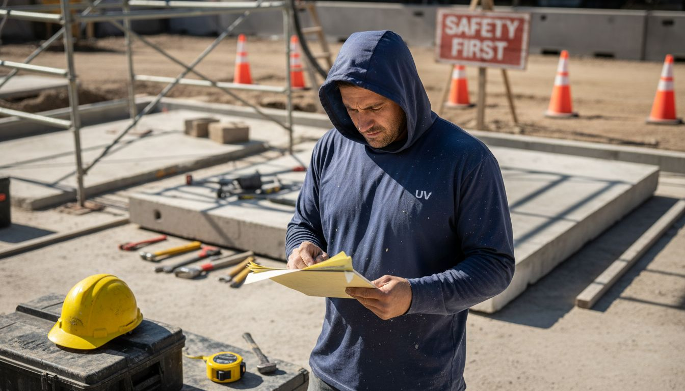 Construction worker in hooded UV shirt outdoors