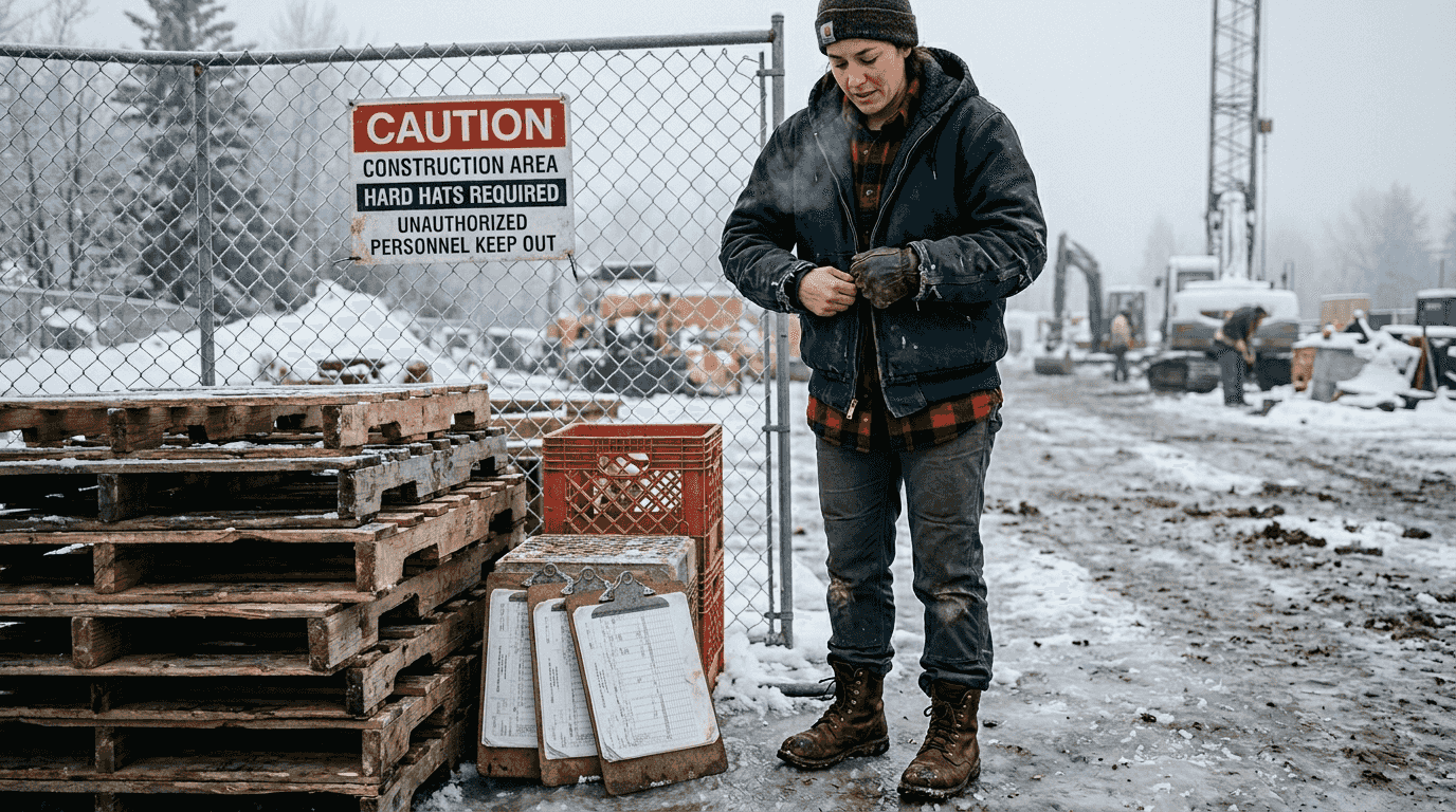 Woman in winter work jacket at construction site