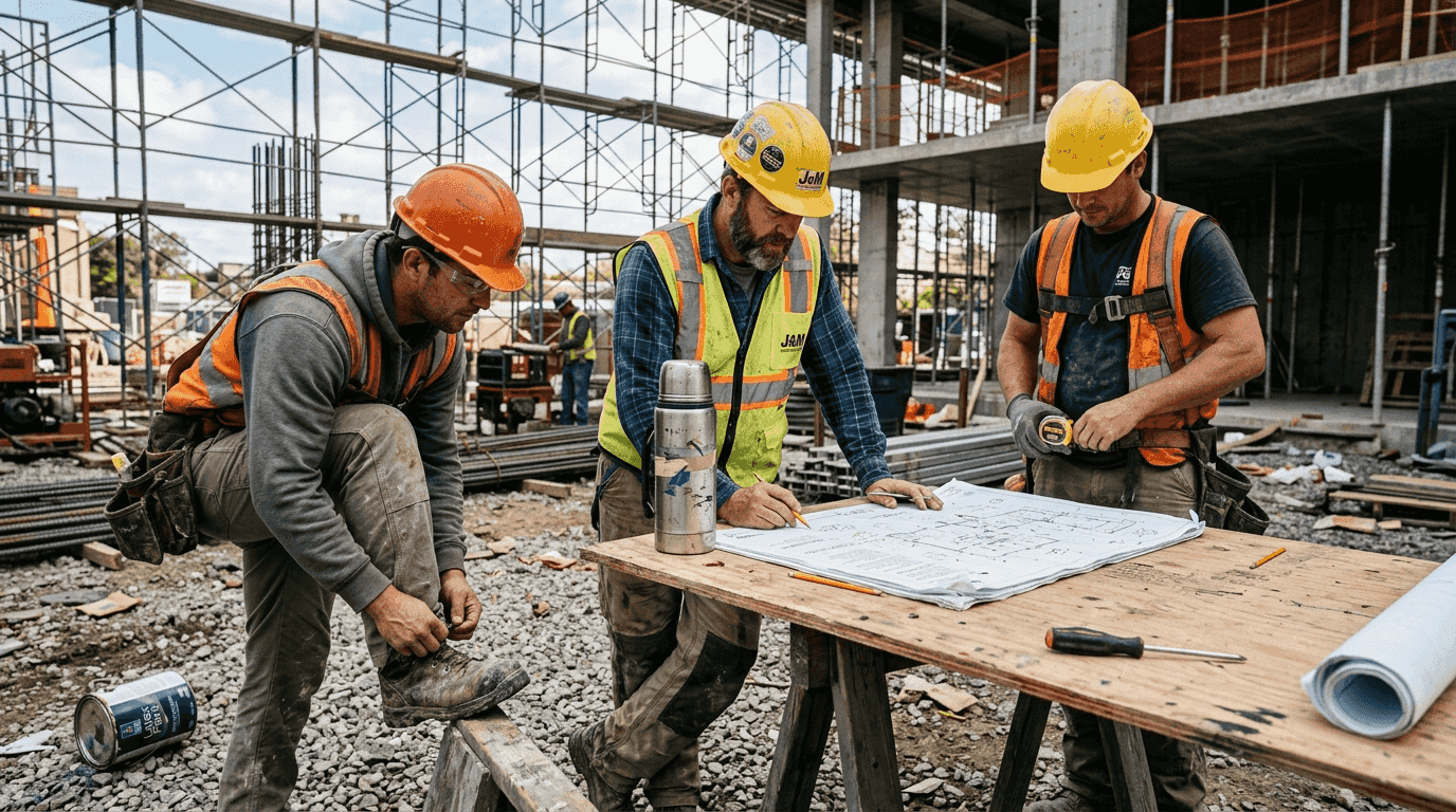 Workers wearing durable construction pants outdoors