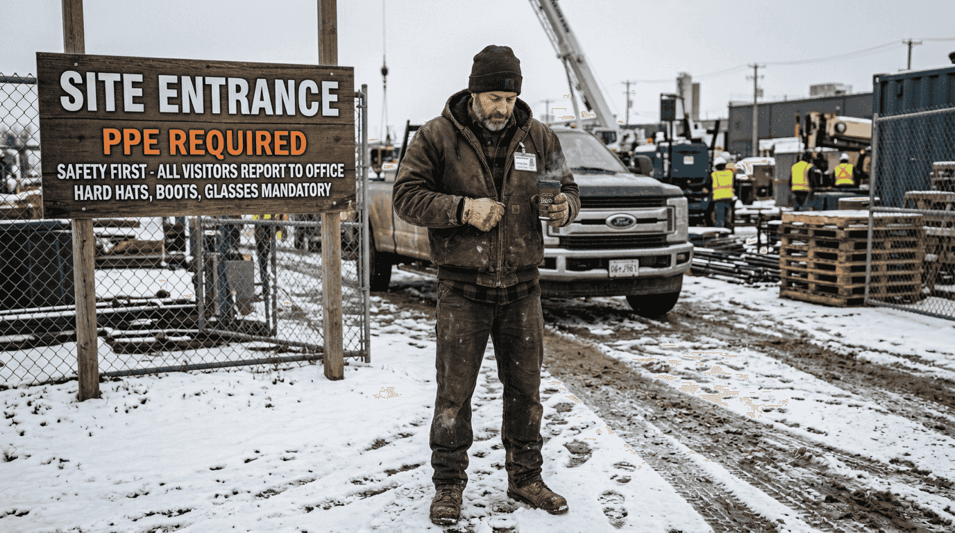 Worker putting on winter jacket at snowy jobsite