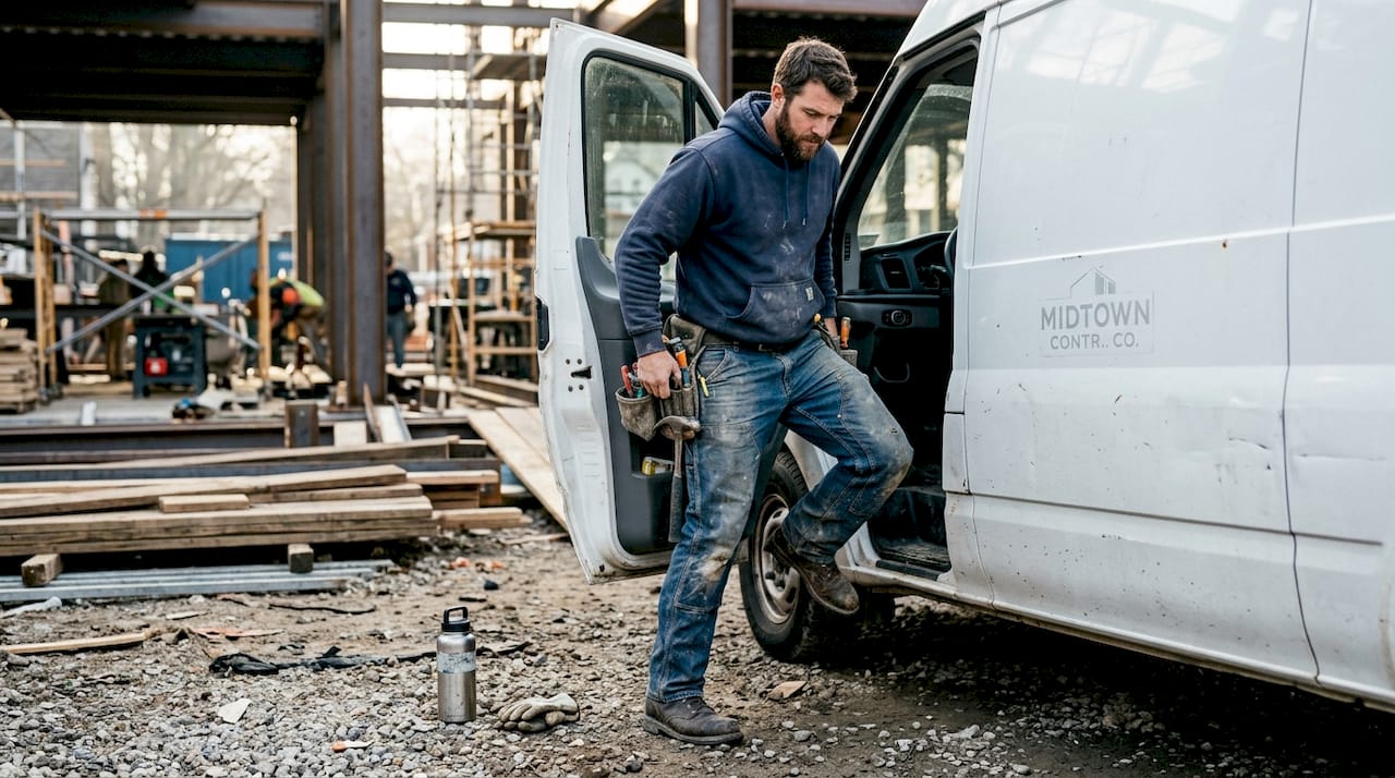 Construction worker exiting van in rugged workwear