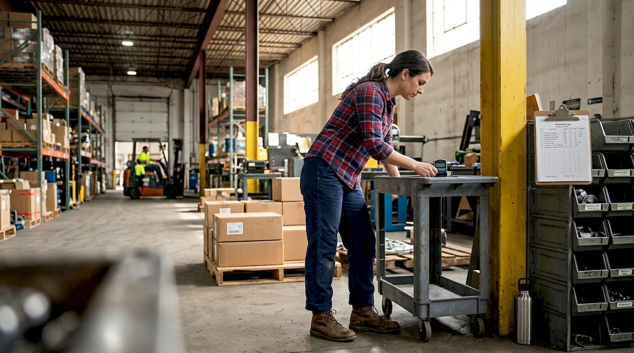 Woman inspecting tools in industrial workwear