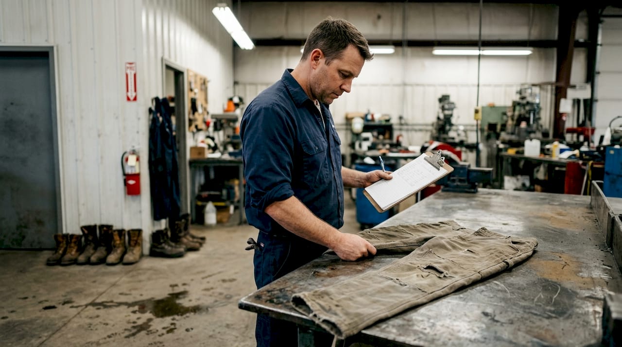 Supervisor inspects worn workwear for damage