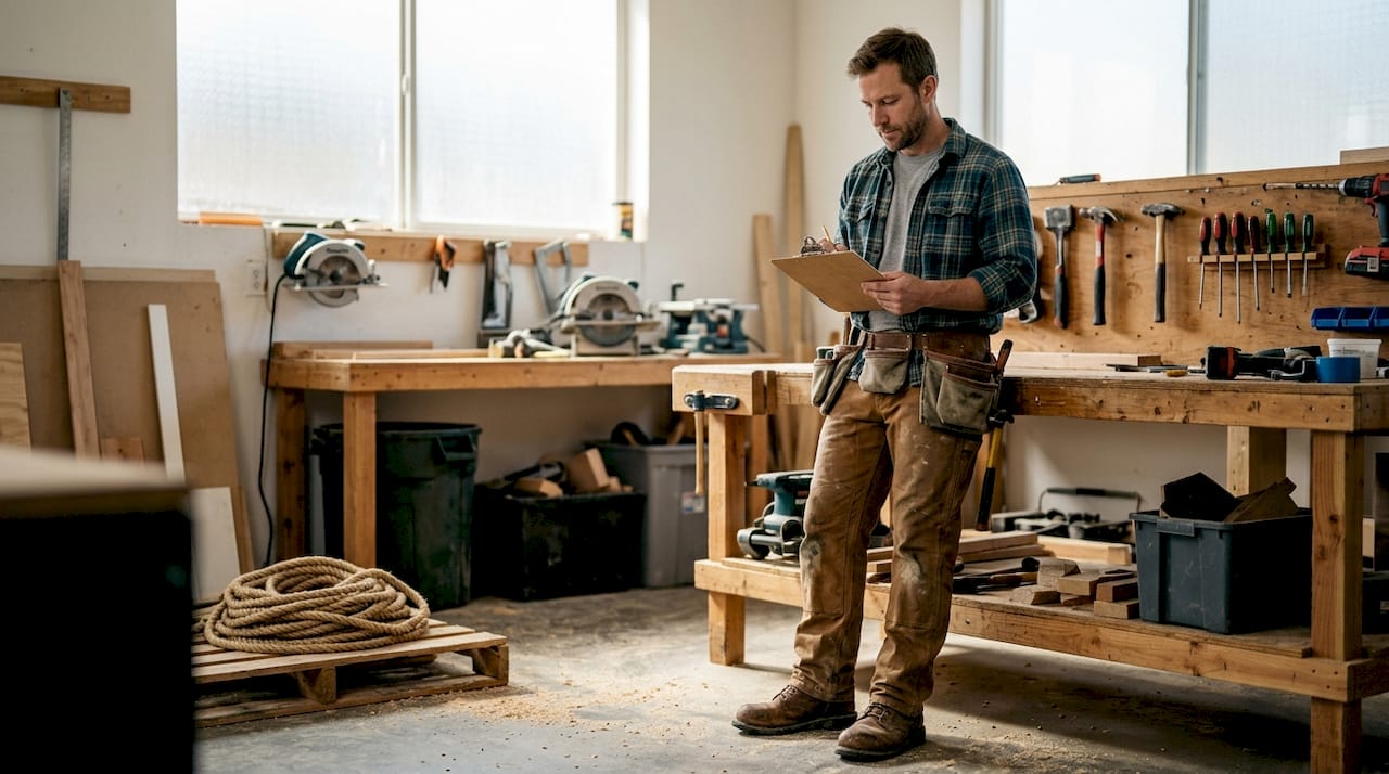 Construction worker checks gear in workshop
