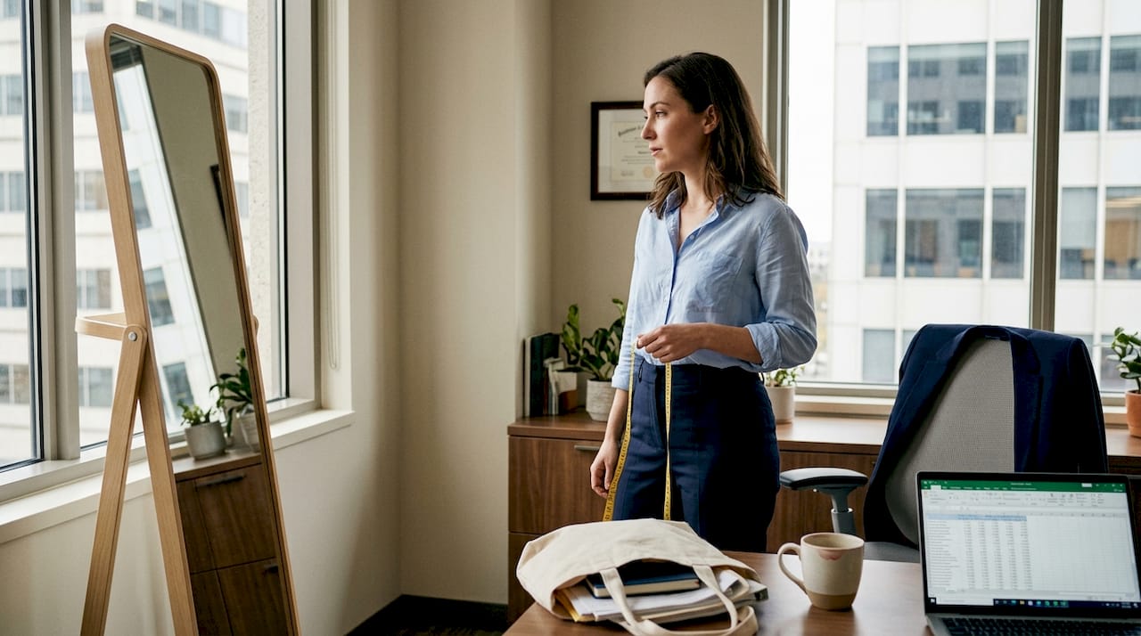 Woman checking workwear fit in office with tape measure