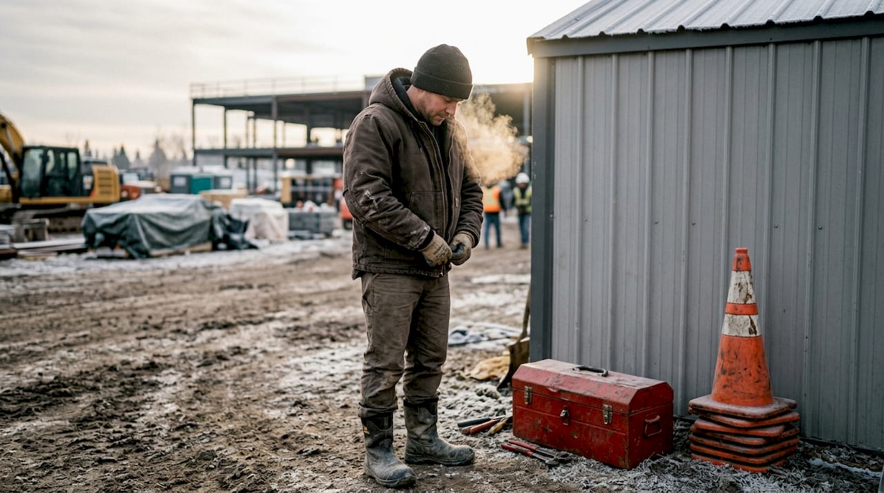 Tradesperson layering workwear outside winter jobsite