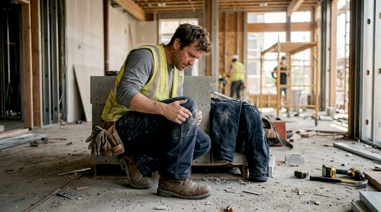 Construction worker inspecting durable work pants