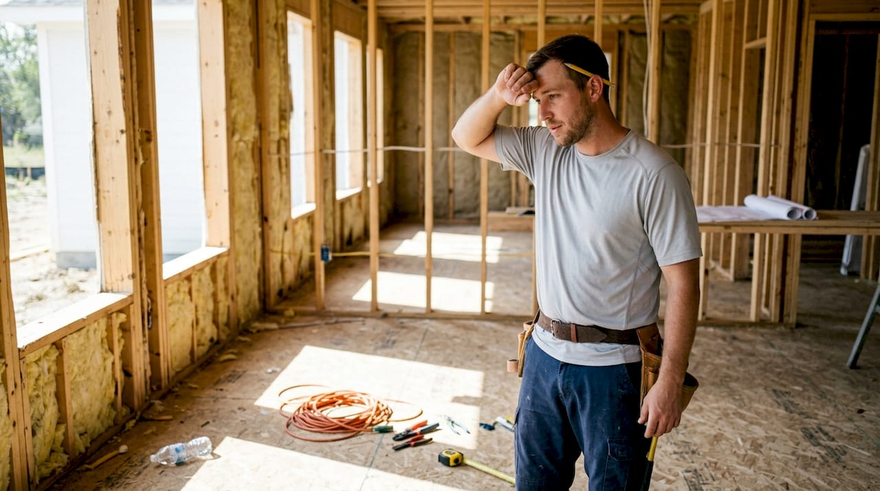 Electrician in breathable shirt pausing on job site