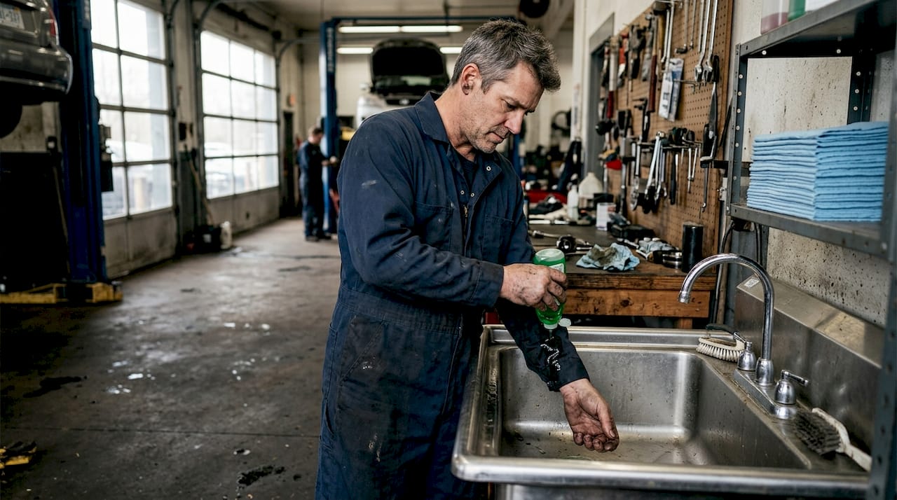Mechanic pre-treating stained workwear in workshop