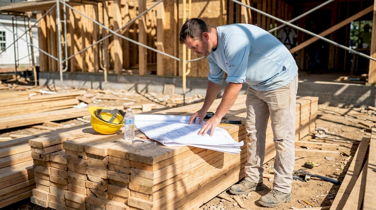 Construction worker examines plans in summer workwear