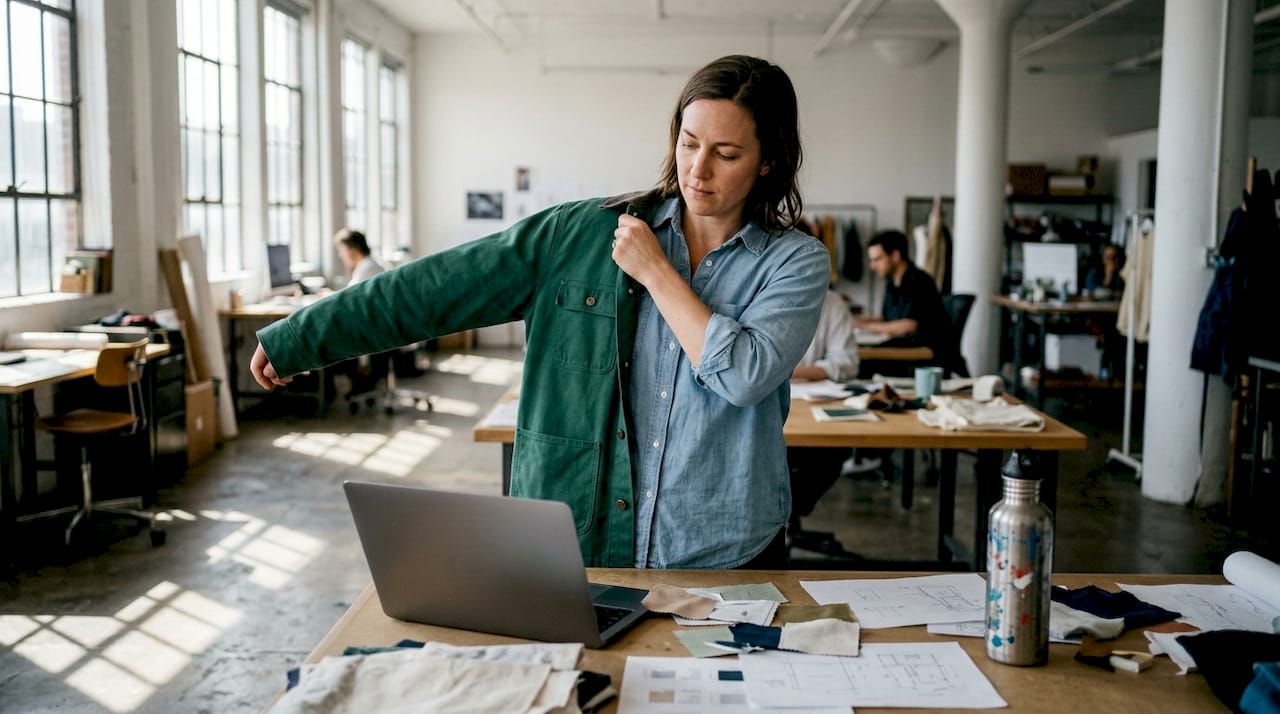 Woman adjusts workwear jacket in studio workspace