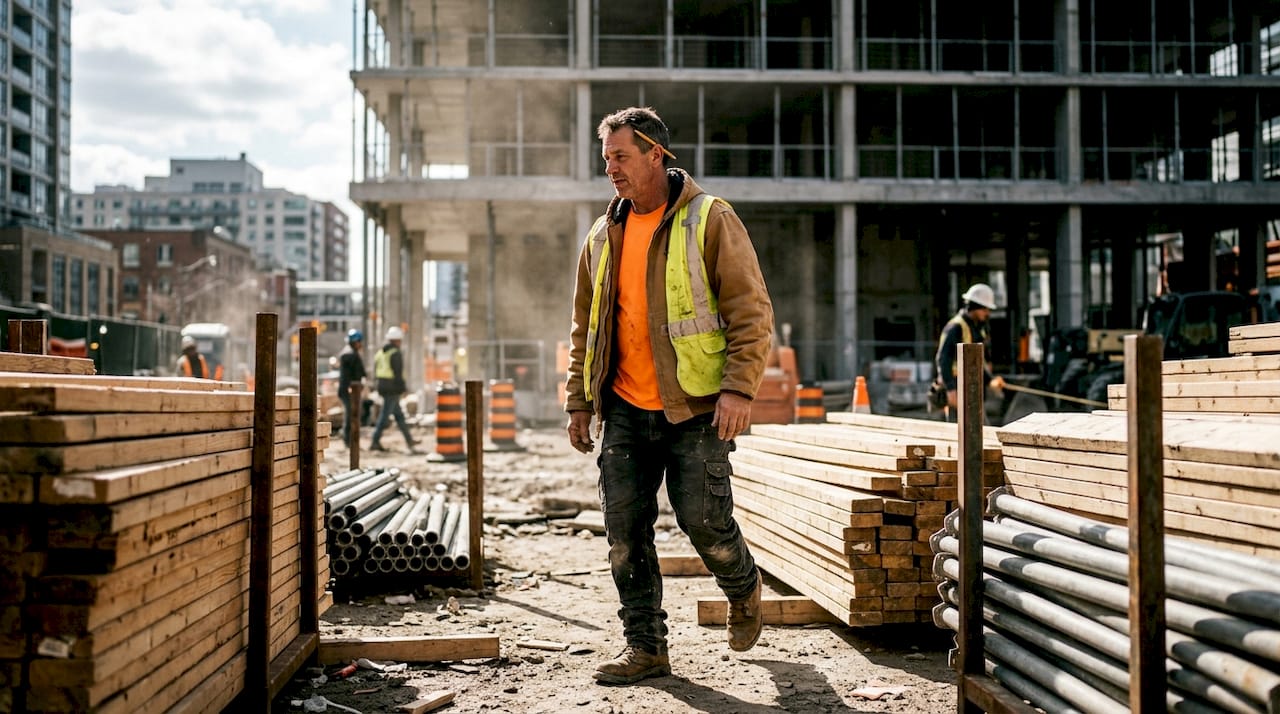 Foreman walks busy construction site in workwear