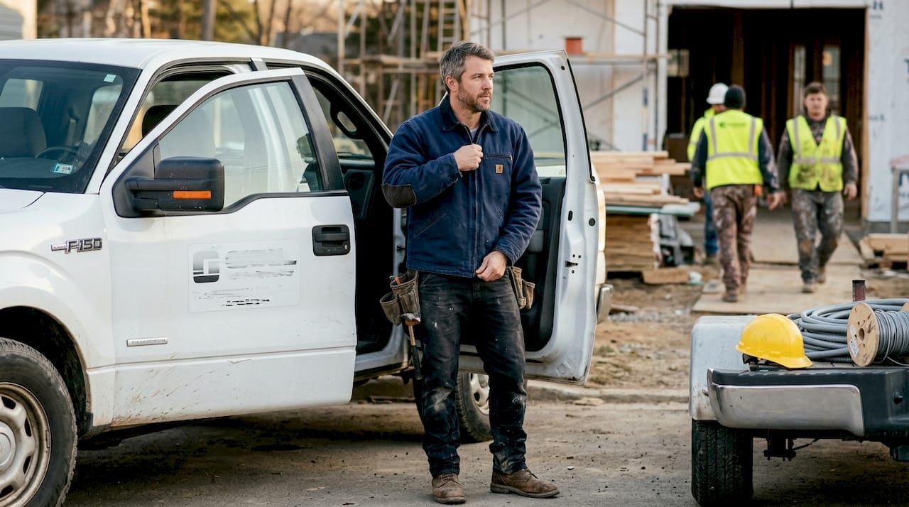 Electrician adjusting durable workwear jacket