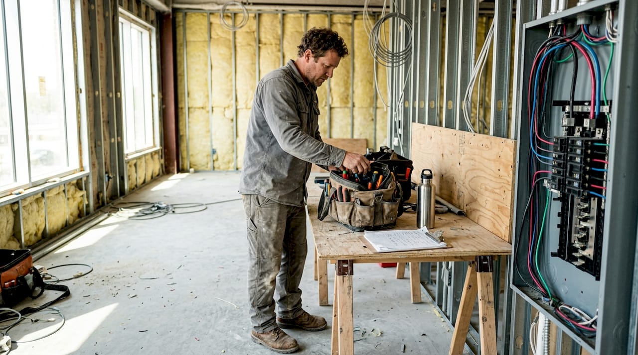 Electrician organizing tools at jobsite