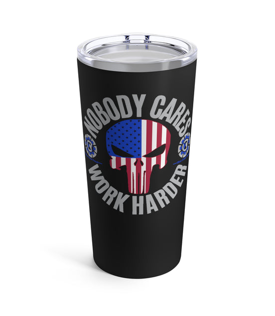 A 20oz stainless steel tumbler with a black glossy finish, featuring a design with an American flag and the text 'NOBODY GIVES A DAMN WORK HARDER' along with the slogan 'Blue Collar Proud'.