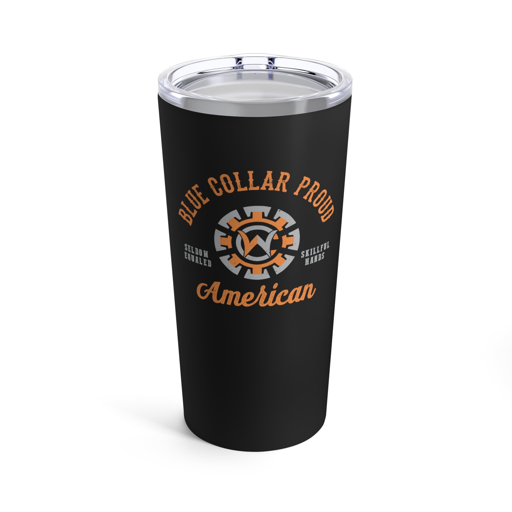 A 20oz stainless steel tumbler with a clear push-on lid and a rubber gasket, featuring a 'Blue Collar Proud American' text and logo design.