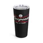 A 20oz stainless steel tumbler with a black glossy finish and a clear push-on lid featuring the red and white logo 'Carpenter King of Trades'.